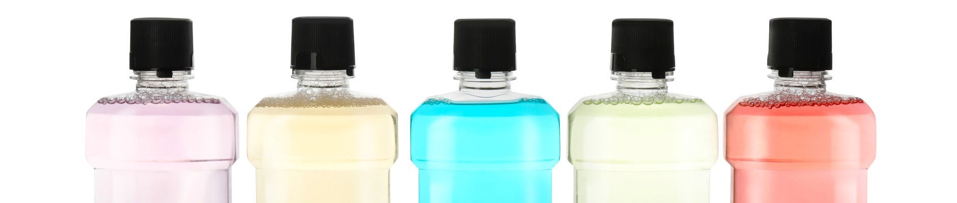 five colorful bottles of mouthwash